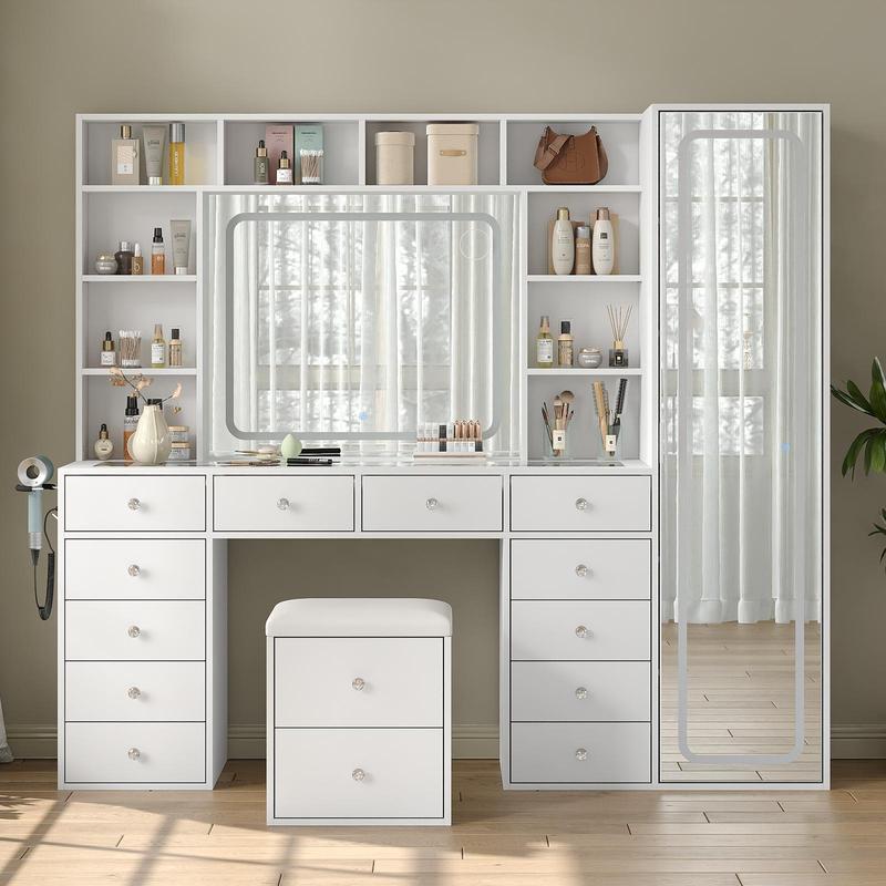 Large Vanity Desk with LED Mirror and Full-Length Cabinet