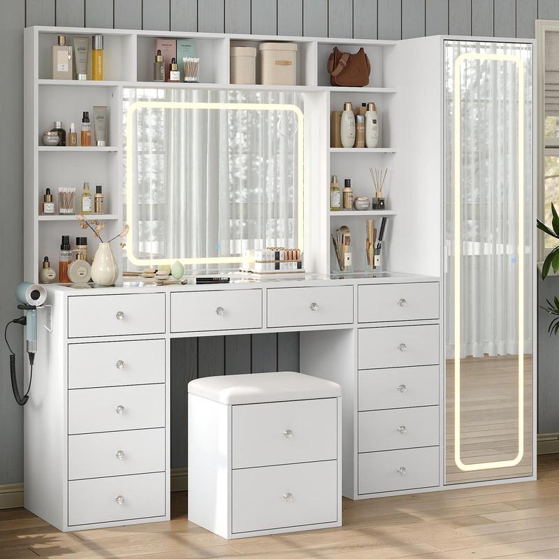 Large Vanity Desk with LED Mirror and Full-Length Cabinet