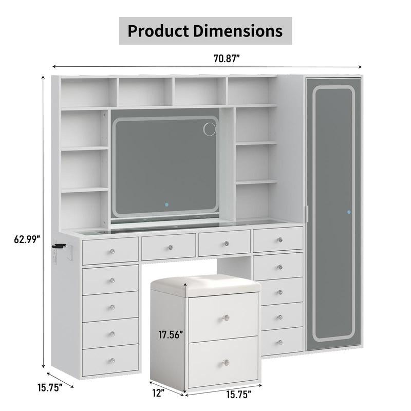 Large Vanity Desk with LED Mirror and Full-Length Cabinet