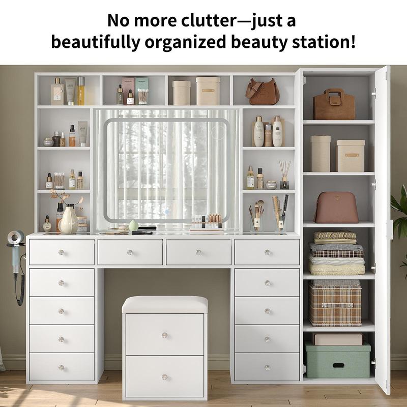 Large Vanity Desk with LED Mirror and Full-Length Cabinet