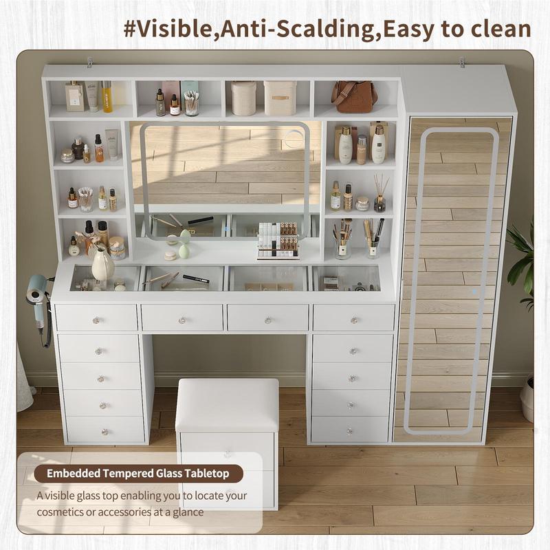 Large Vanity Desk with LED Mirror and Full-Length Cabinet